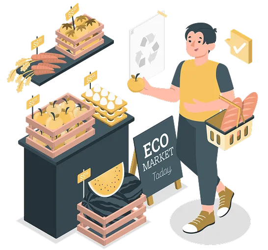 Illustration representing agricultural trade and market stalls